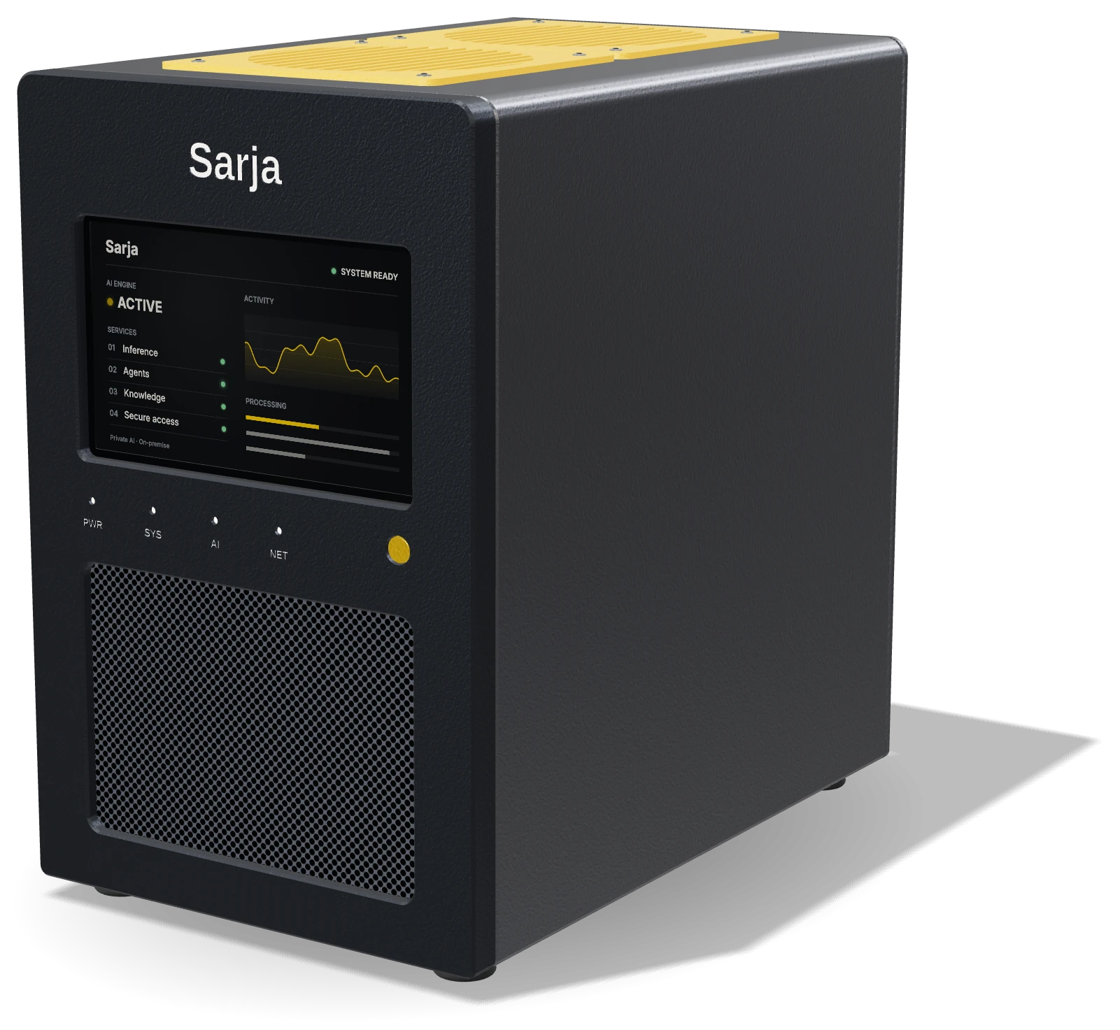 SarjaBox Mini concept seen from the front right, showing the status display, front ventilation and side panel