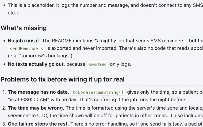 AgentDock Pro showing Claude Code's answer about a booking app's reminder code, as readable formatted text with inline code references