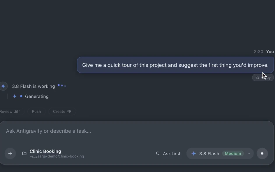 Orbit showing a request sent to Antigravity and the agent generating its reply, with the composer and model selector beneath